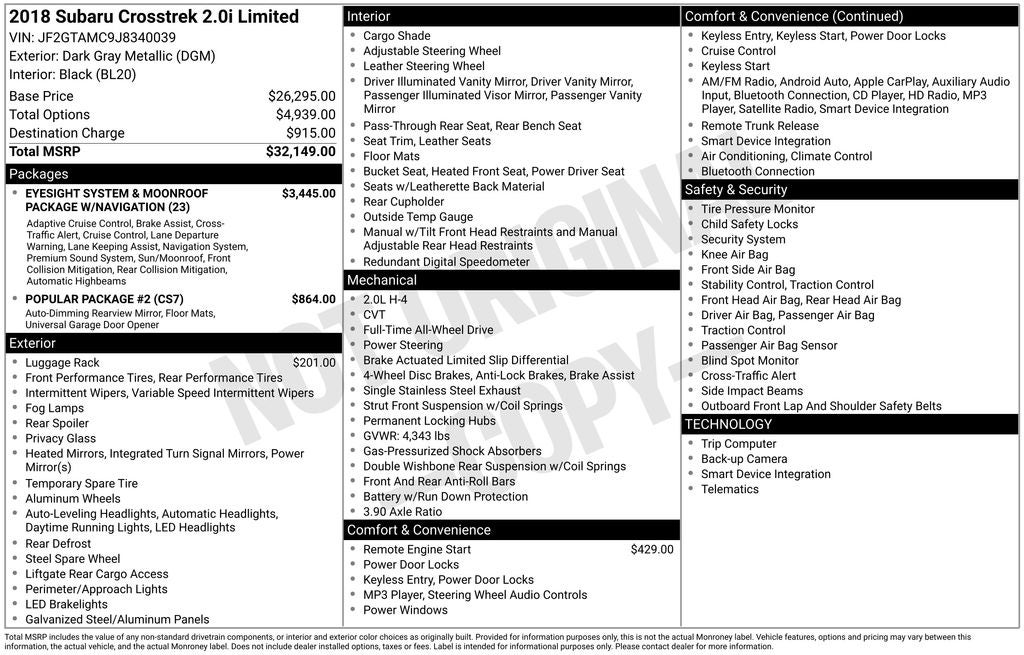 2018 Subaru Crosstrek 2.0i Limited