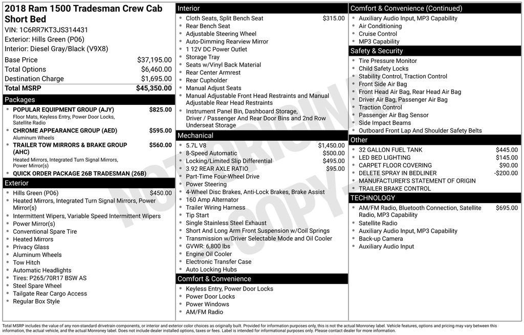 2018 RAM 1500 Tradesman Crew Cab 4x4 5'7" Box